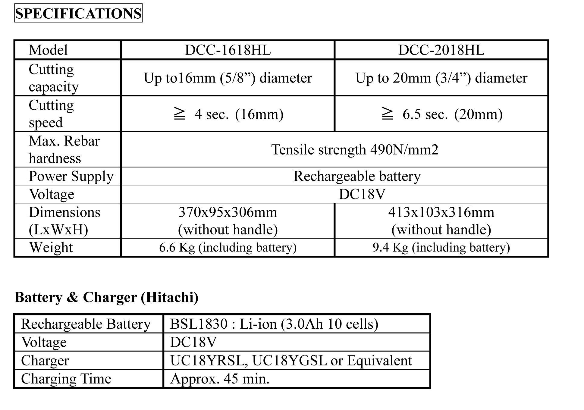 DIAMOND DCC-1618HL and DCC-2018HL cutter specifications